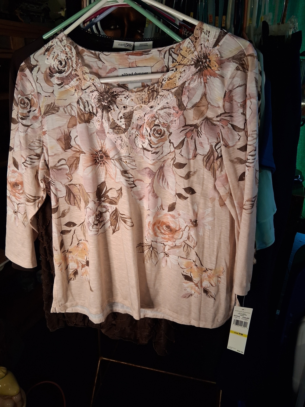 Alfred Dunner Pink Floral Lace-Trim Blouse